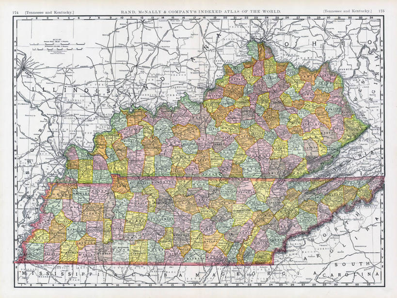 无人,横图,地图,历史,古董,肯塔基州,田纳西,彩图,地图学