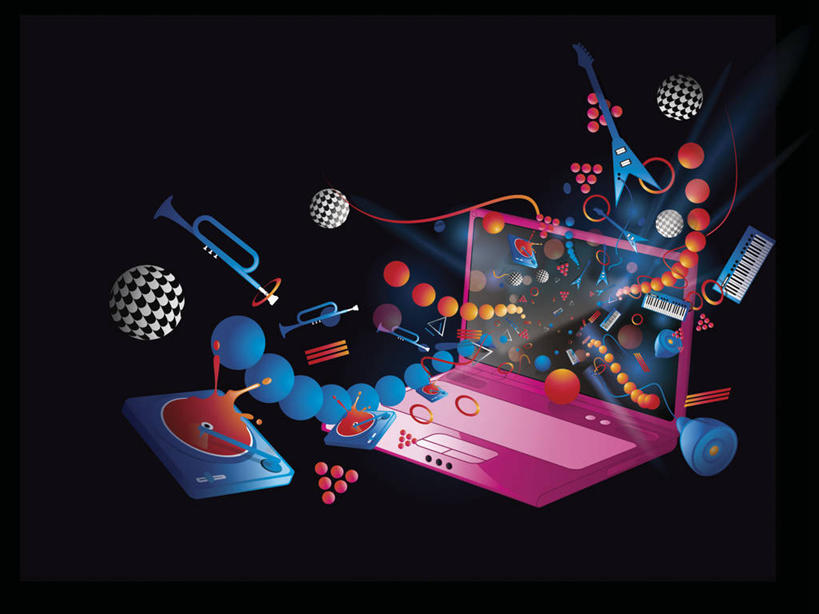 无人,横图,插画,蒙太奇,通讯,笔记本电脑,互联网,技术,数码,科技,阴影,黑色背景,发光,网络,唱片,电吉他,吉他,小号,高光,几何,计算机图形,联系,音乐,合成,图画,喇叭,画,球,球体,电脑合成图,数码合成图,混合,创造力,合成图,下载,漫画,计算机制图,写实,具体,具象,无线电技术,休闲活动,彩图