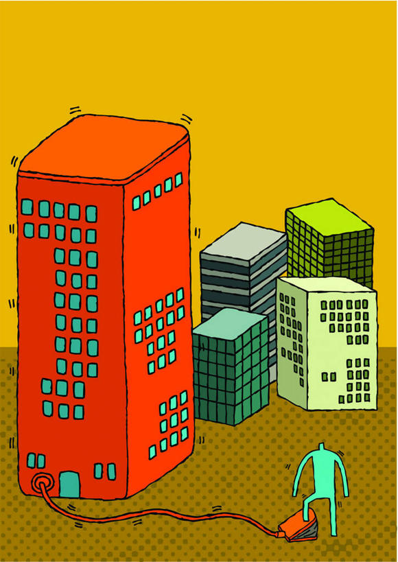 成年人,中年人,一个人,站,竖图,俯视,插画,室外,白天,留白,商务,贪欲,风险,竞争,建筑业,数码,科技,城市,摩天大楼,仅一个男性,仅一个人,仅一个中年男性,伸展,阴影,网络,高光,几何,计算机图形,合成,图画,画,背面,平衡,生长,电脑合成图,数码合成图,合成图,漫画,发展,写实,具体,具象,膨胀,虚弱,气泵,男人,男性,中年男性,彩图,高角度拍摄