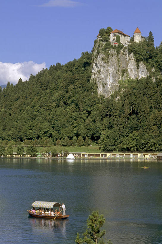 竖图,俯视,室外,白天,旅游,度假,美景,森林,建筑,斯洛文尼亚,景观,宏伟,历史,娱乐,风景,自然,地标建筑,享受,休闲,景色,放松,摄影,宁静,岩层,自然风光,布雷德湖,岩石,彩图,高角度拍摄