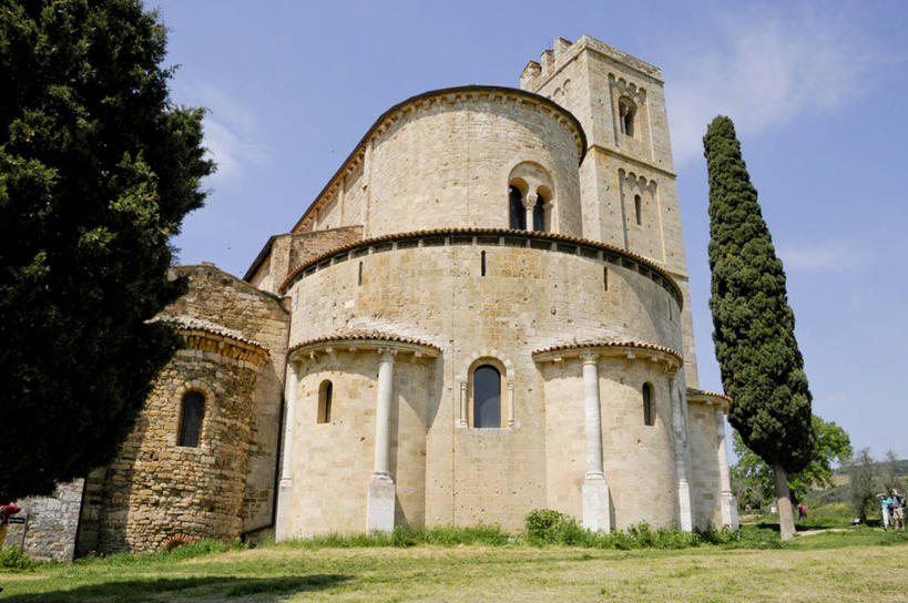 无人,横图,室外,白天,仰视,日光,意大利,历史,石墙,摄影,宗教,宁静,罗马式,基督教,托斯卡纳区,修院,彩图,低角度拍摄