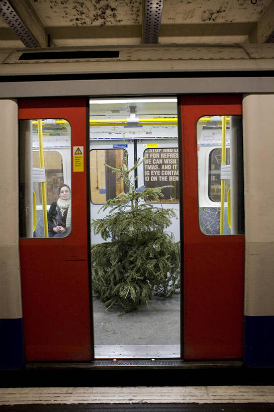 成年人,竖图,室内,异乎寻常,地铁,圣诞节,拉门,庆祝,装饰,圣诞树,树,车门,摄影,离开,年轻女性,女人,年轻人,彩图,旅行