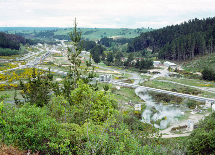 横图,俯视,航拍,室外,白天,温泉,新西兰,蒸汽,发电站,摄影,能源,电,环境,鸟瞰,替代能源,环境保护,涡轮,澳大拉西亚,地热发电站,彩图,高角度拍摄,二氧化碳