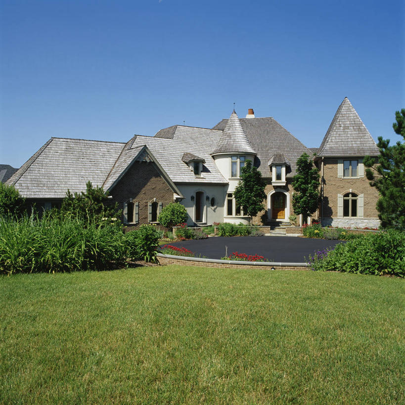 家,草坪,门,建筑,玻璃,花坛,砖,房屋,屋顶,车道,砖墙,草,绿色,天空