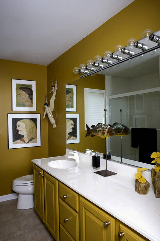 芥末,时尚,浴室,雕塑,瓷砖,漂亮,现代,鱼类,黄色,灯具,明亮,时髦,作画,收集,时兴,西洋蓍草,厕所,当代