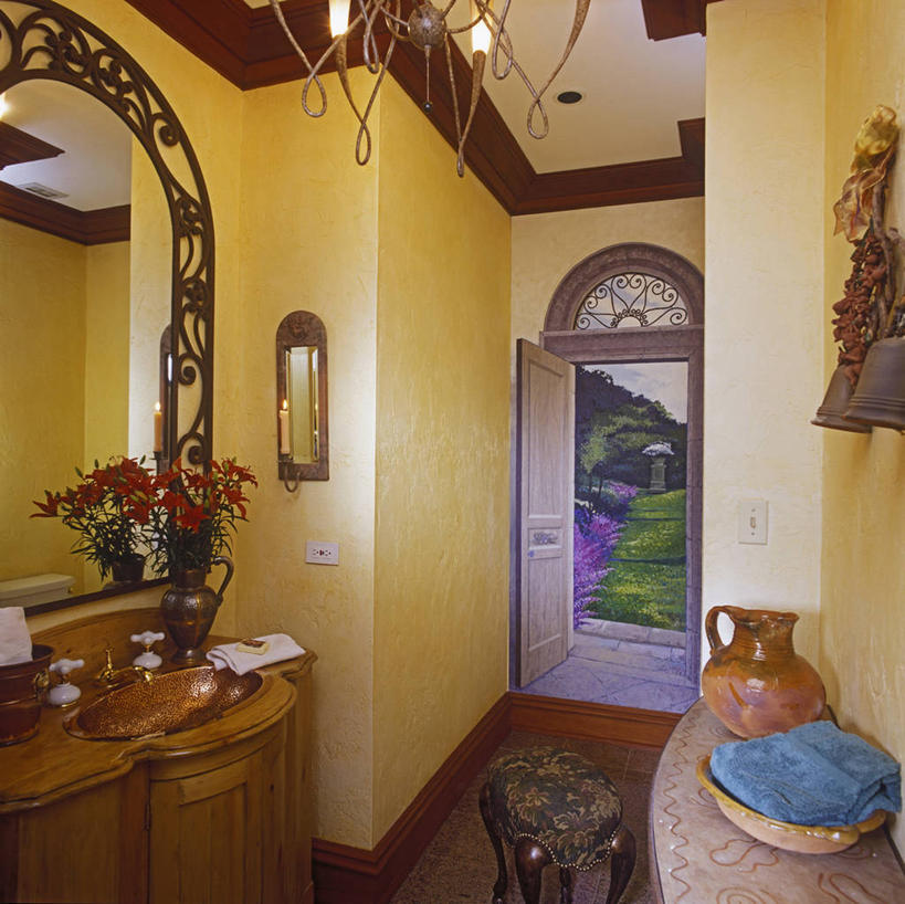 镜子,浴室,百合花,蜡烛,墨西哥,烛光,烛台,脚凳,黄色,蓝色,灯具,毛巾,奶油,陶器,模具,涂料,铜,着色,反射镜,水晶吊灯,肌理,塑造