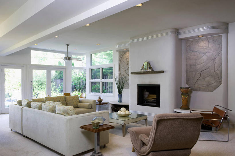 横图,壁炉,地毯,形状,茶几,现代,白色,米色,吊扇,起居室,收集,当代,灰膏