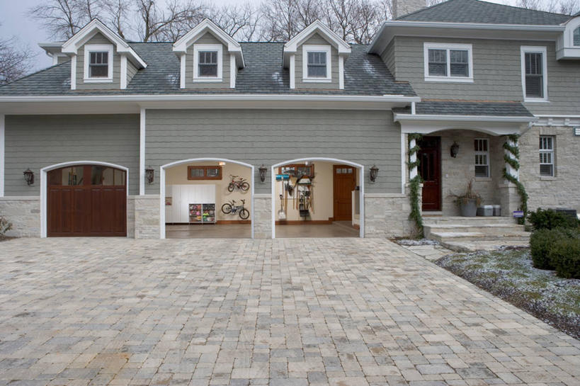 车库,砖,冬天,车道