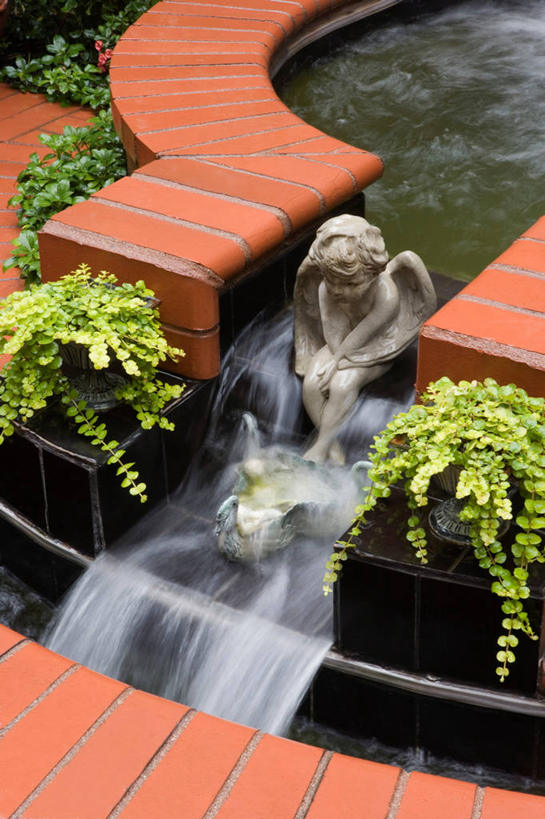 瀑布,喷泉,天使,砖,院子