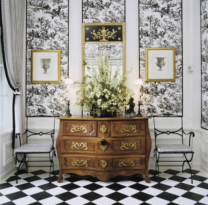 黑白,壁纸,窗帘,地板,镜子,椅子,条纹,对称,金属,瓷砖,地面,干净,反射镜,穗