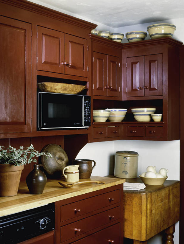 家,厨房,一排,整齐,木制,房屋,干净,排列,红色,餐巾,汤匙,陶器,模具,古董,微波炉,队列,收集,塑造