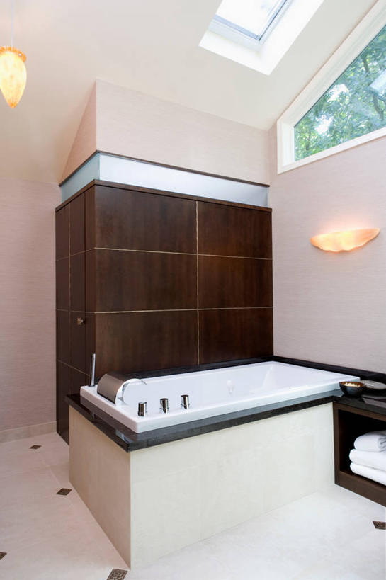 地板,浴室,木制,瓷砖,水龙头,磨砂玻璃,现代,浴盆,当代