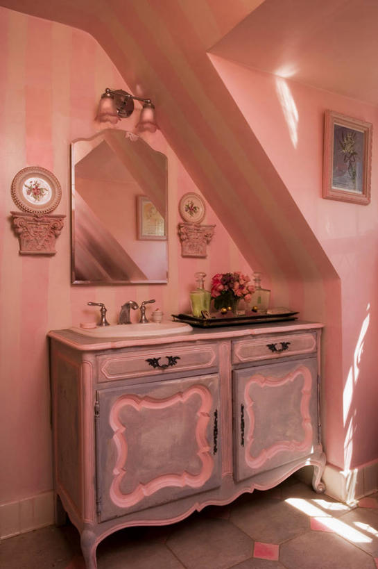 柜子,镜子,浴室,静物,法国,条纹,瓷砖,洗手池,粉色,灰色