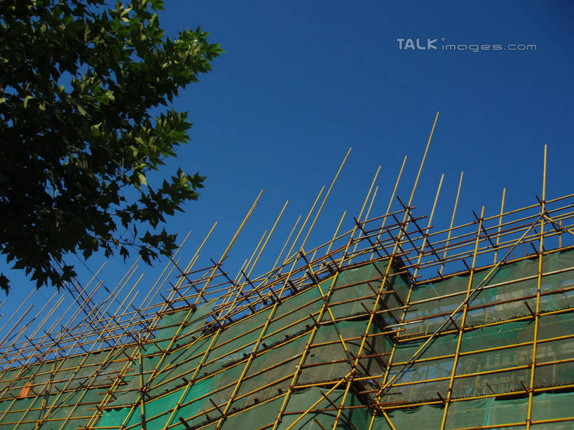 无人,栏杆,横图,室外,白天,仰视,植物,中国,亚洲,阴影,光线,影子,支架,围栏,护栏,架子,脚手架,树,树木,施工,蓝色,绿色,蓝天,天空,阳光,自然,建筑工地,天,生长,晴朗,成长,支撑,固定,东亚,万里无云,中华人民共和国,地盘,建筑地盘,施工地盘,晴空,晴空万里,彩图,低角度拍摄,工地,稳固,shslj1