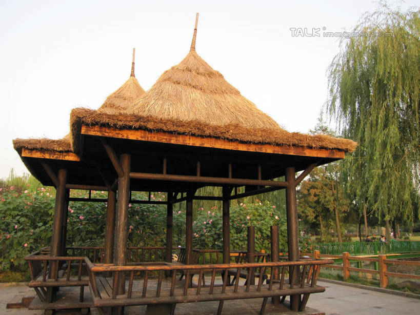 无人,栏杆,横图,室外,白天,正面,旅游,度假,草地,草坪,美景,树林,植物,阴影,光线,影子,亭子,屋顶,草屋,景观,围栏,顶棚,娱乐,护栏,草,树,树木,蓝色,绿色,蓝天,天空,阳光,自然,凉亭,茅草屋,天,享受,休闲,景色,放松,生长,晴朗,成长,自然风光,万里无云,晴空,晴空万里,彩图,shslj1