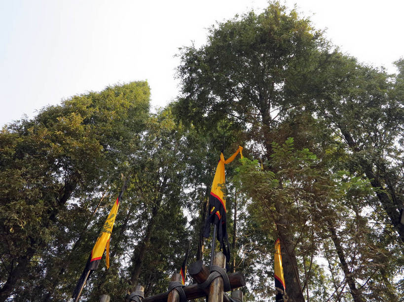 无人,横图,室外,白天,仰视,旅游,度假,名胜古迹,树林,植物,标志建筑,地标,建筑,旗帜,太湖,中国,亚洲,阴影,遗迹,飘扬,光线,影子,竞技场,古迹,文物,娱乐,旗子,建设,古建筑,江苏,无锡,树,树木,黄色,蓝色,绿色,蓝天,天空,阳光,自然,天,享受,休闲,旅游胜地,放松,生长,晴朗,成长,飘逸,场所,飞扬,区域,古文明,东亚,三国城,江苏省,万里无云,中华人民共和国,华东地区,苏,旌旗,旗号,无锡市,晴空,晴空万里,彩图,低角度拍摄,shslj1,无锡三国影视城,无锡影视基地,校场