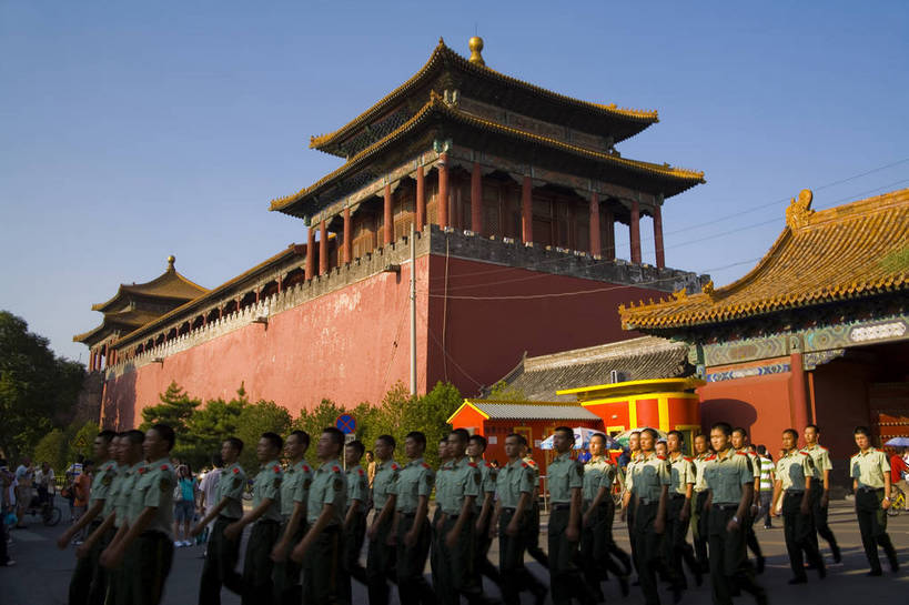 横图,室外,白天,制服,建筑,北京,中国,亚洲,历史,传统,古代,紫禁城,夏天,旅游胜地,摄影,队列,武警,东亚,中华人民共和国,古远,彩图,bj174
