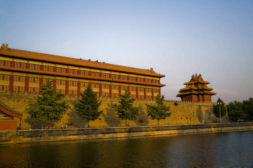 故宫,横图,室外,白天,建筑,北京,中国,亚洲,墙,历史,传统,角楼,墙壁,墙面,树,古代,红色,倒影,紫禁城,旅游胜地,摄影,东亚,护城河,中华人民共和国,古远,彩图,bj174