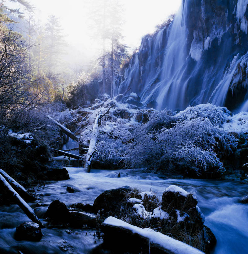 竖图,瀑布,九寨沟,中国,亚洲,结冰,冬天,下雪,冰冻,竖,摄影,矗立,耸立,东亚,四川,中华人民共和国,挺立,彩图,bj174
