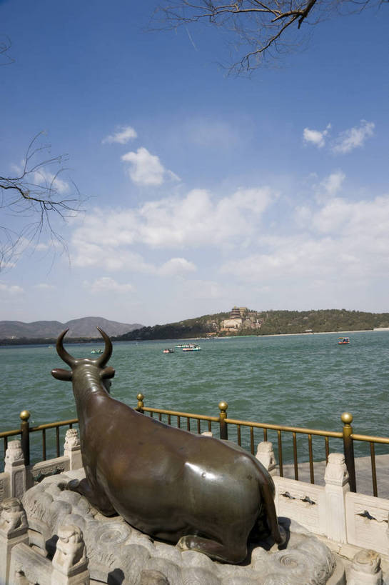 无人,摄影师,颐和园,竖图,俯视,彩色,室外,白天,旅游,雕塑,北京,中国,亚洲,古老,壮观,雕刻,湖岸,湖面,辽阔,文化,石雕,石刻,铜牛,东方,白云,风景,蓝天,石狮,安静,晴天,园林,宁静,空旷,文明,摄像师,万寿山,昆明湖,世界文化遗产,佛香阁,皇家园林,高角度拍摄,旅行,bj174