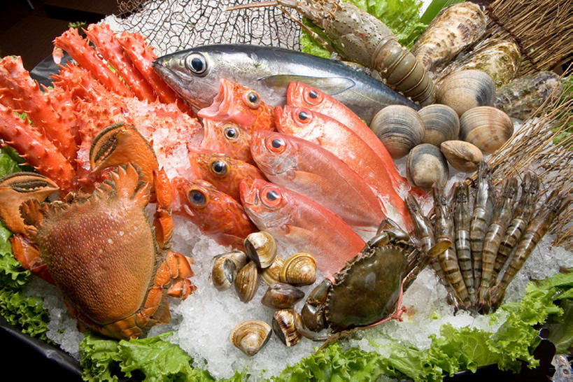 龙虾,无人,横图,静物,许多,螃蟹,鱼,生食,虾,冰块,食品,很多,饮食,蛤,摄影,多样,清新,甲壳动物,海产,彩图,bj175