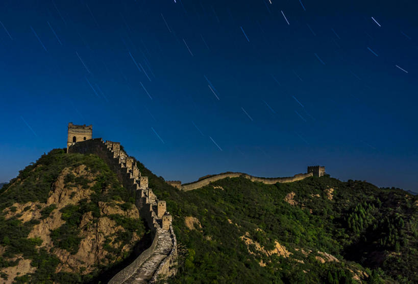 横图,室外,夜晚,星空,长城,中国,墙,地形,星星,风景,天空,东亚,河北省,金山岭,星夜,bj175