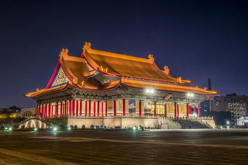 横图,室外,夜晚,建筑,台湾,亚洲,建造,照亮,蒋介石纪念堂,台北,bj175