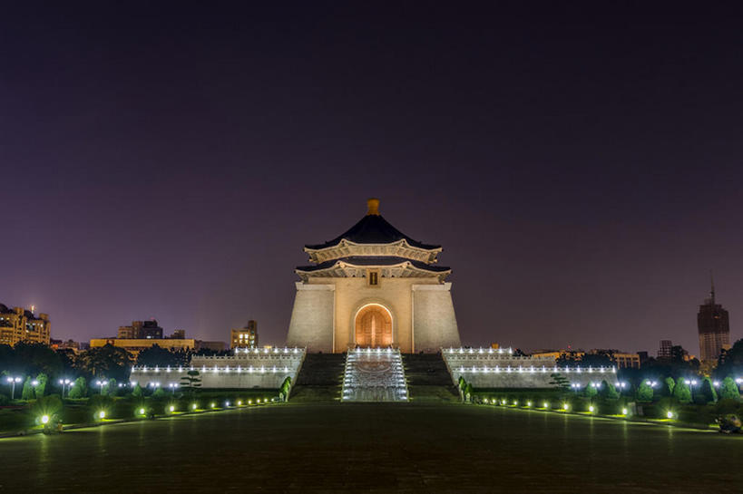 横图,室外,夜晚,建筑,台湾,亚洲,建造,照亮,蒋介石纪念堂,台北,bj175