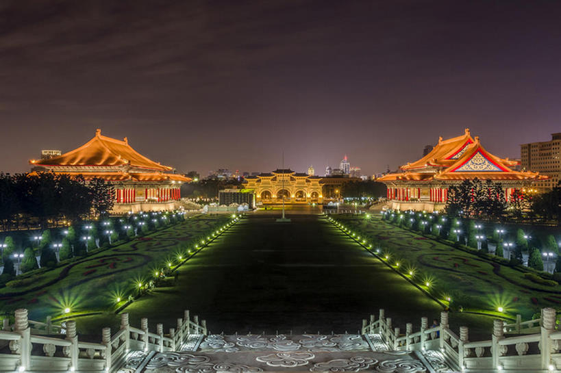 横图,室外,夜晚,建筑,台湾,亚洲,大门,建造,照亮,蒋介石纪念堂,台北,bj175