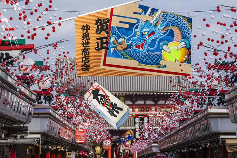 寺庙,横图,室外,白天,东京,新年,装饰,龙,浅草寺,浅草,bj175