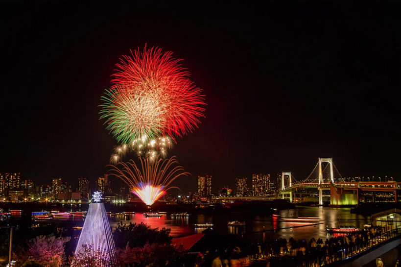 横图,室外,夜晚,东京,日本,桥,彩虹桥,海湾,东京湾,风景,焰火,台场,bj175