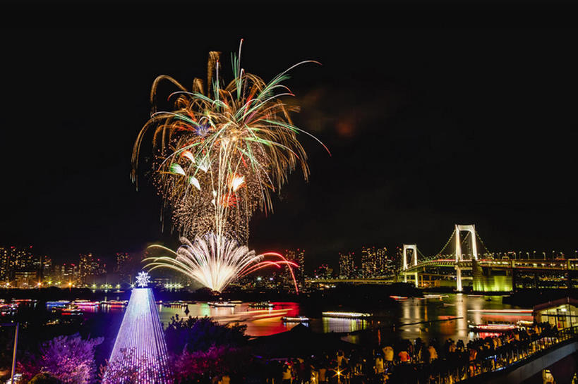 横图,室外,夜晚,东京,日本,桥,彩虹桥,海湾,东京湾,风景,焰火,台场,bj175