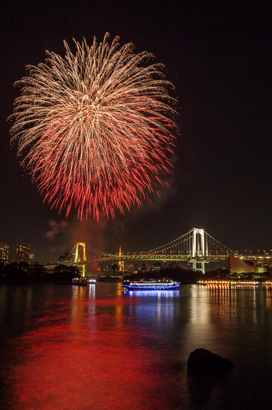 竖图,室外,夜晚,东京,日本,桥,彩虹桥,海湾,东京湾,风景,焰火,台场,bj175