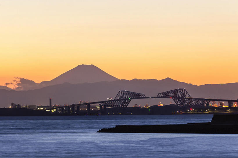 横图,室外,山,东京,富士山,日本,桥,海湾,东京湾,风景,天空,黄昏,bj175