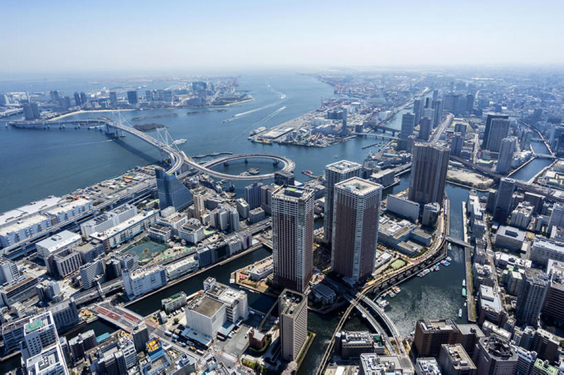 横图,航拍,白天,路,东京,日本,桥,彩虹桥,海湾,东京湾,建造,bj175