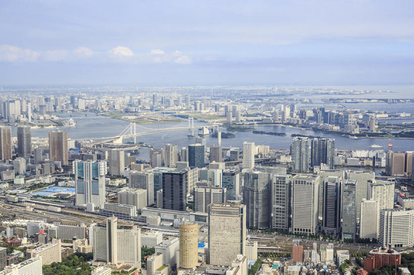 横图,航拍,白天,城市,东京,日本,桥,彩虹桥,东京湾,天空,建造,台场,bj175