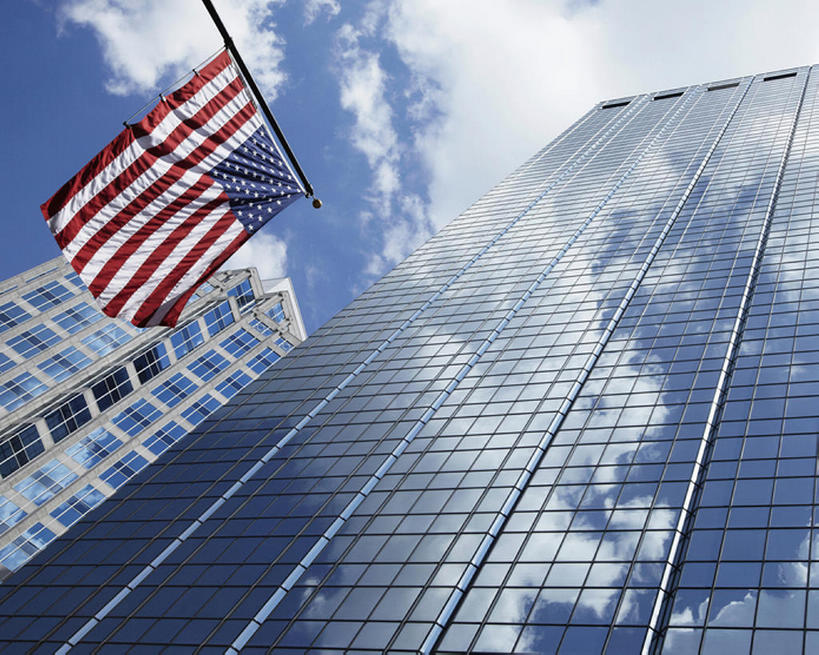 无人,横图,室外,白天,仰视,城市,国旗,玻璃,美国,反射,现代,蓝色,办公大楼,摄影,建造,都市风光,佛罗里达,彩图,低角度拍摄,高层建筑,坦帕,建筑结构,bj175