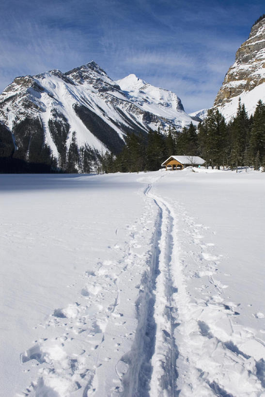 无人,竖图,室外,白天,留白,旅游,度假,美景,山,山脉,水,雪,雪山,松树,覆盖,地形,景观,陆地,冬天,痕迹,娱乐,树,白色,风景,自然,享受,休闲,景色,放松,寒冷,摄影,宁静,自然风光,船舱,常绿树,针叶树,彩图,小木屋,bj175