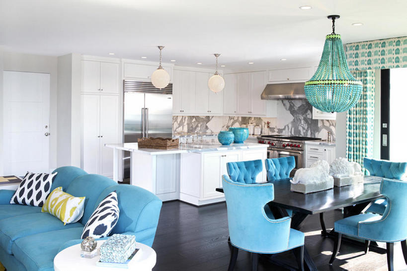 无人,家,横图,室内,白天,时尚,餐桌,厨房,窗户,餐具,美国,一排,整齐,饭厅,灶台,干净,现代,排列,蓝色,白色,摄影,风格,队列,加利福尼亚,房地产,开放式厨房,设计,彩图,餐馆,bj175